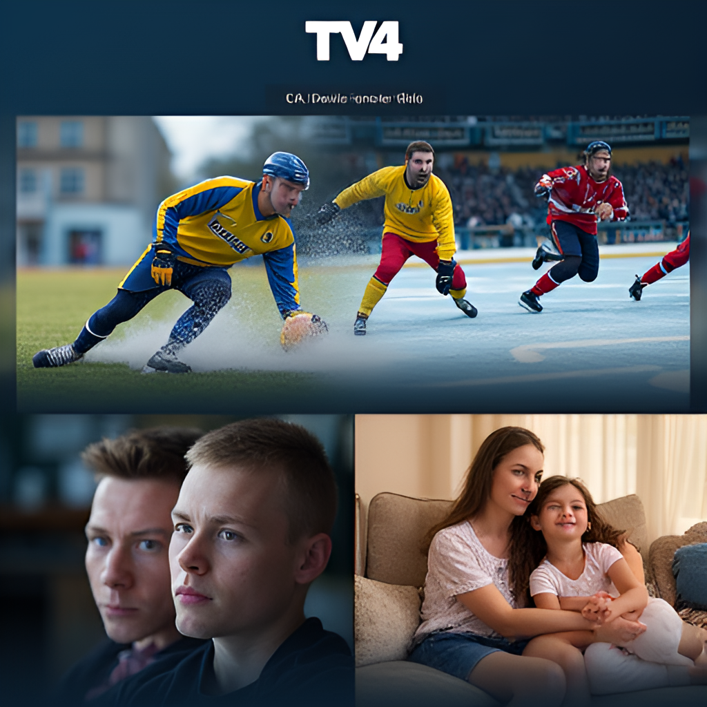 A montage image showing different types of content available on TV4 Play: a scene from a Swedish drama, a sports action shot (like football or hockey), and a family watching a children's program, representing the variety of the platform's offerings.