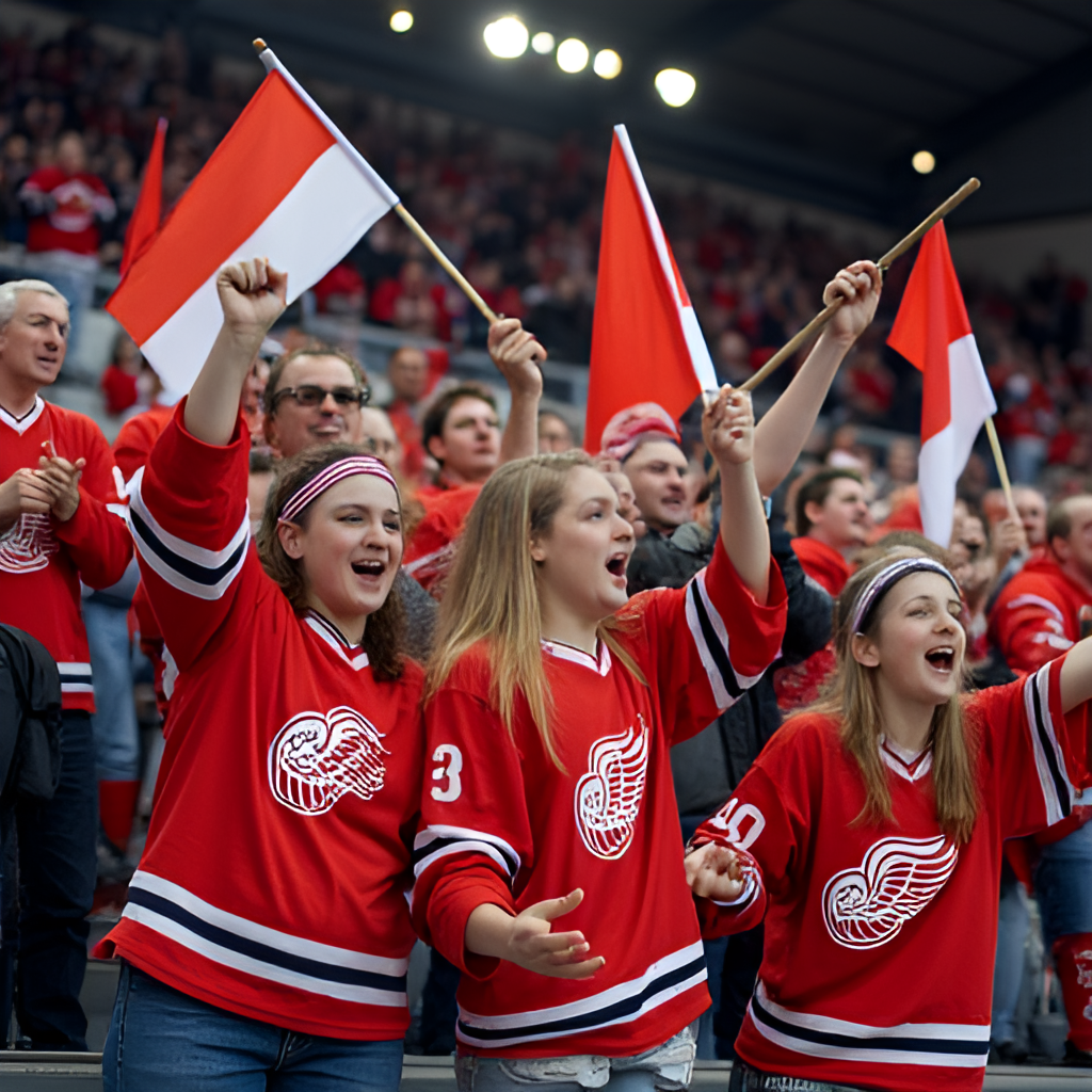 A group of passionate Luleå Hockey fans in the stands, waving flags and cheering, showing the vibrant supporter culture of LuleåFans.