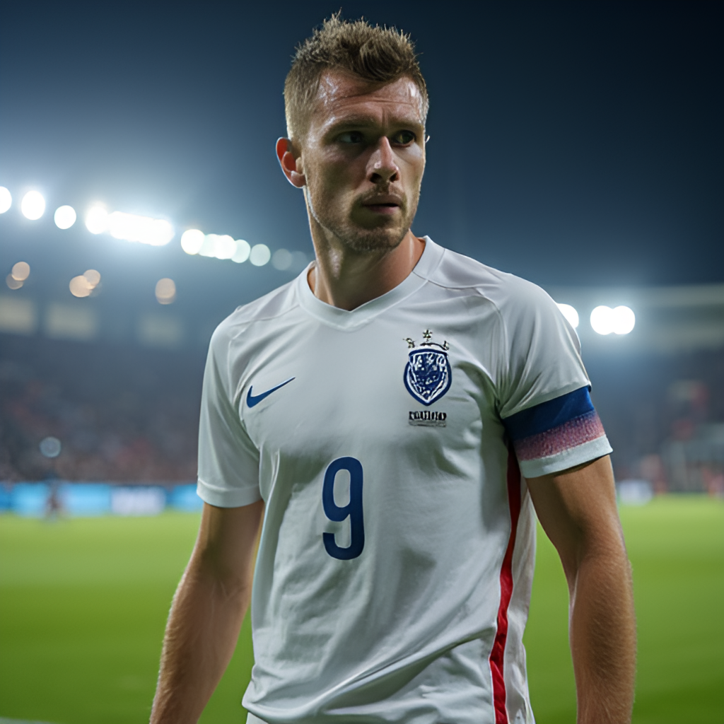 A portrait of a Swedish football player in a generic French team kit, looking determined on a football pitch with stadium lights in the background