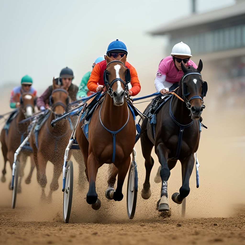 A close-up, dynamic shot of a group of harness racing horses and jockeys during a V75 race, highlighting the intensity and speed of the competition on the track.
