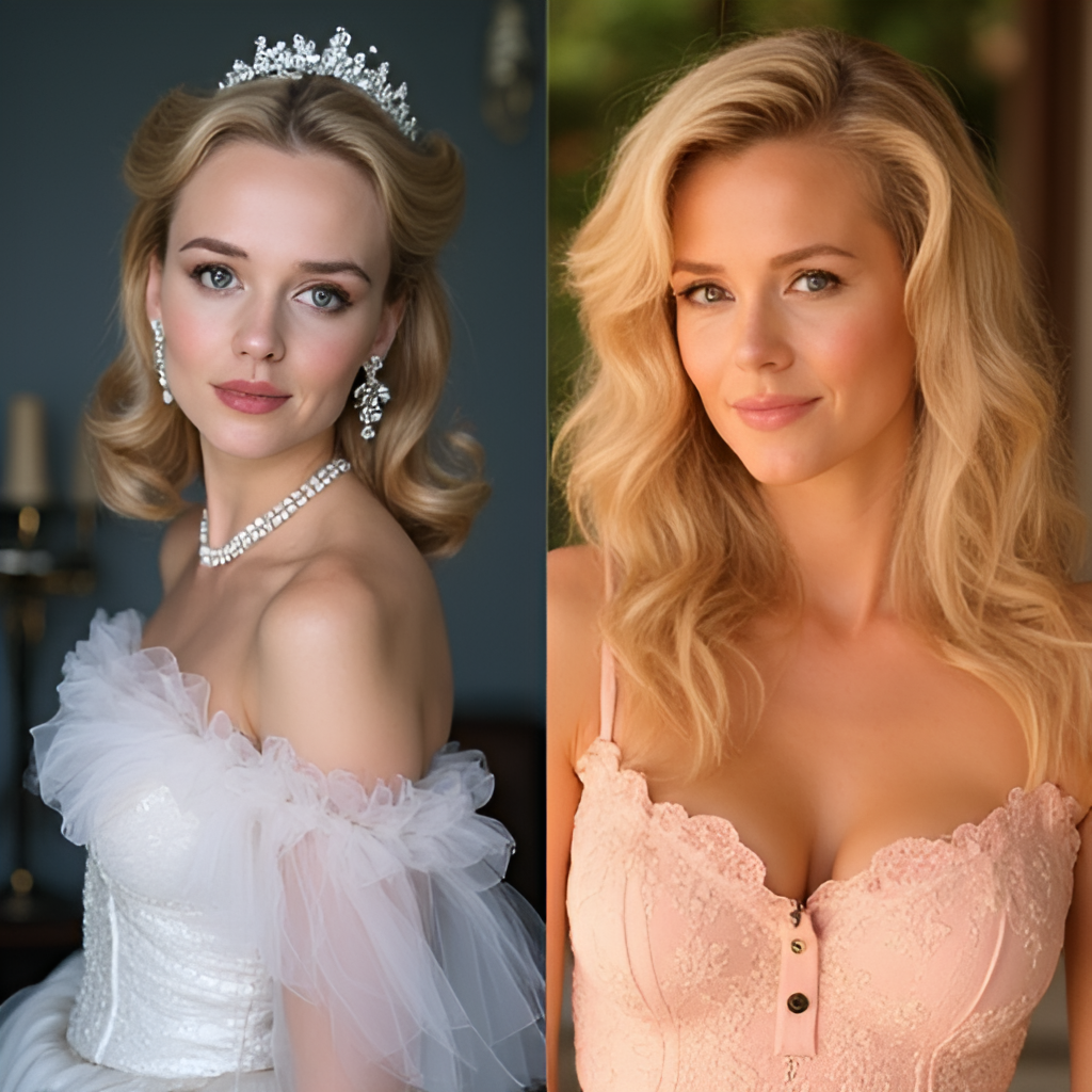 A split image or montage showing Lily James in different iconic roles: one side as the elegant Cinderella, the other side as the transformed Pamela Anderson from Pam & Tommy, highlighting her versatility.