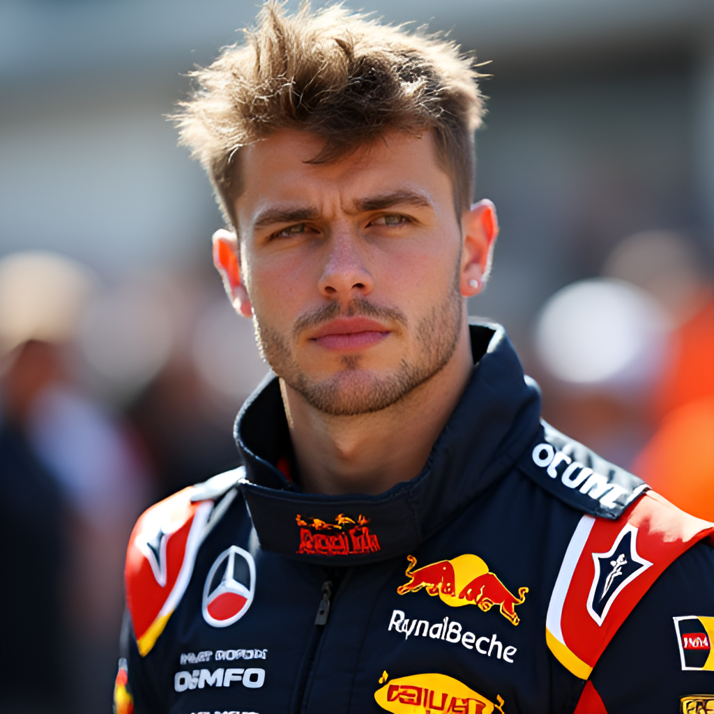 A portrait of Max Verstappen looking determined, perhaps wearing his racing helmet or standing beside his car, conveying his focus and personality.