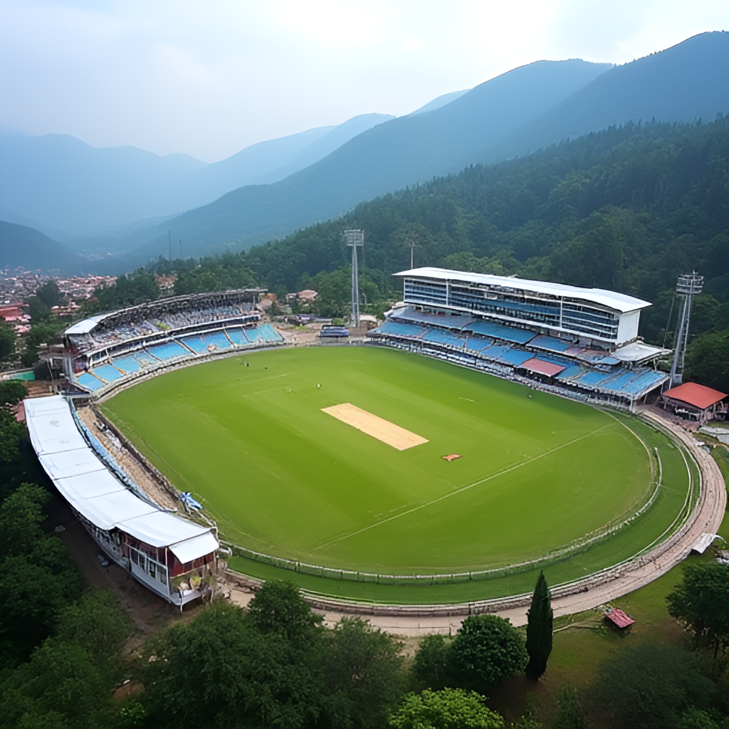 An aerial view of the HPCA Stadium in Dharamsala, showcasing its picturesque location with mountains in the background and a cricket match in progress.