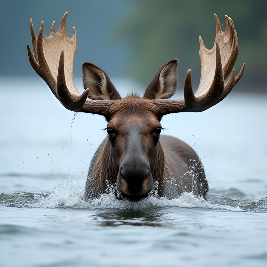 A close-up shot of a moose swimming across a wide river, with water splashing around its head and antlers, conveying the effort of the migration.