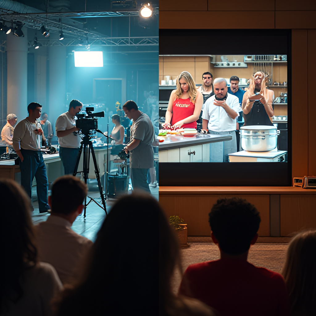A split image or collage showing two contrasting scenes: one side depicts a television production crew with cameras and lights around a kitchen set, and the other side shows a group of viewers intensely watching a cooking show on a screen, representing the contrast between production reality and viewer perception.