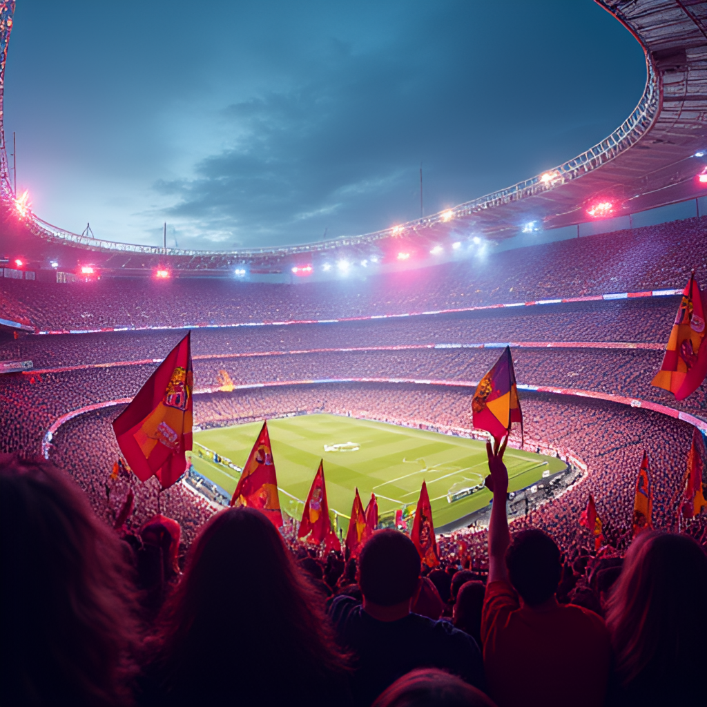 A vibrant, modern photo capturing the electric atmosphere of a packed stadium during a recent El Clasico, with fans holding up club banners and flags.