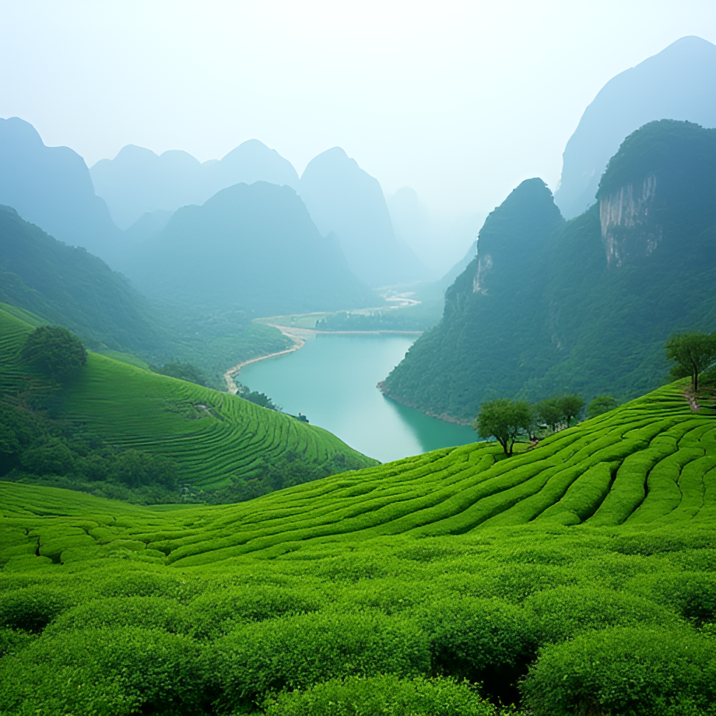 A serene landscape scene from rural China, perhaps showing the karst mountains of Yangshuo or a tea plantation, highlighting the natural beauty and diverse geography of the country.