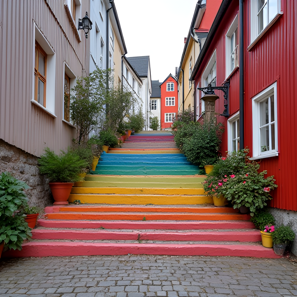 A close-up photo of a section of the colorful Trappgatan in Gnesta, highlighting the unique painted steps and surrounding traditional buildings.