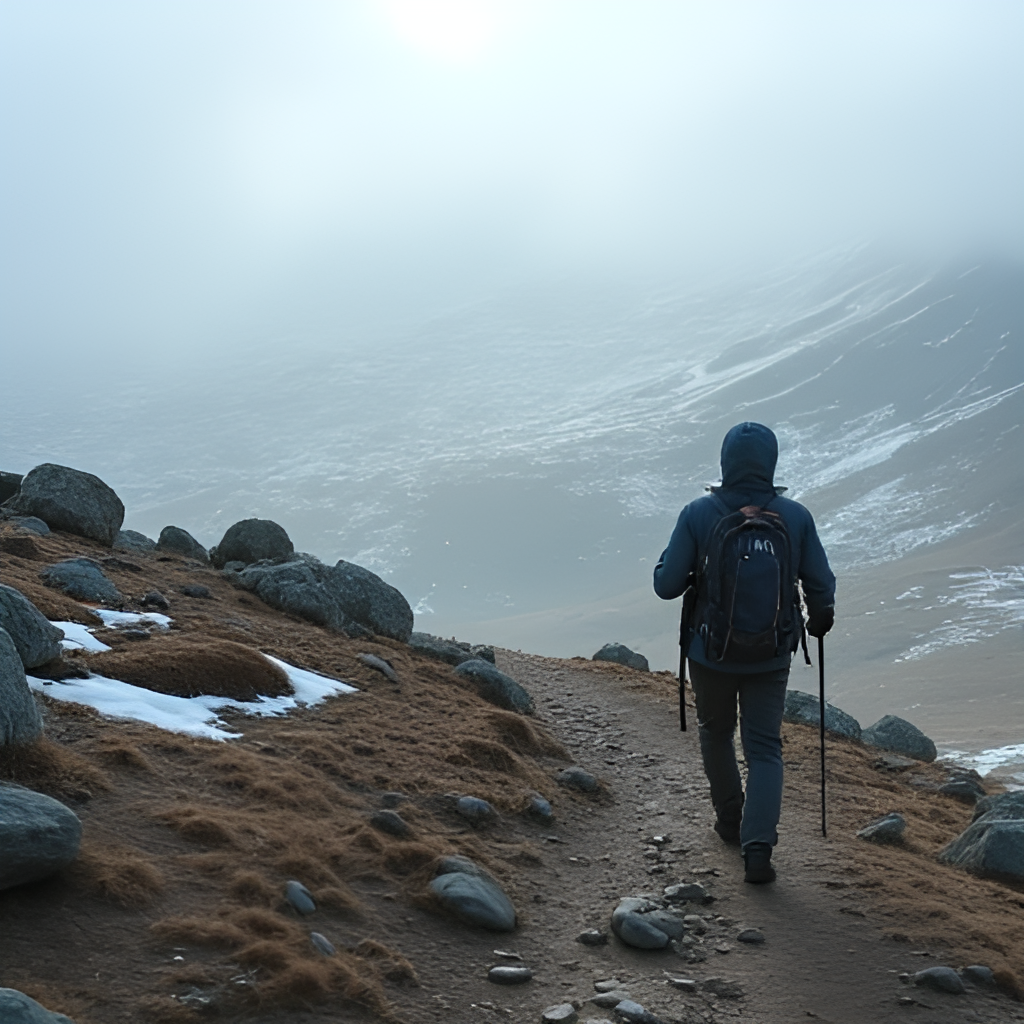 A person hiking on a mountain trail overlooking a vast plateau landscape with scattered rocks and patches of snow, conveying a sense of solitude and scale, atmospheric lighting
