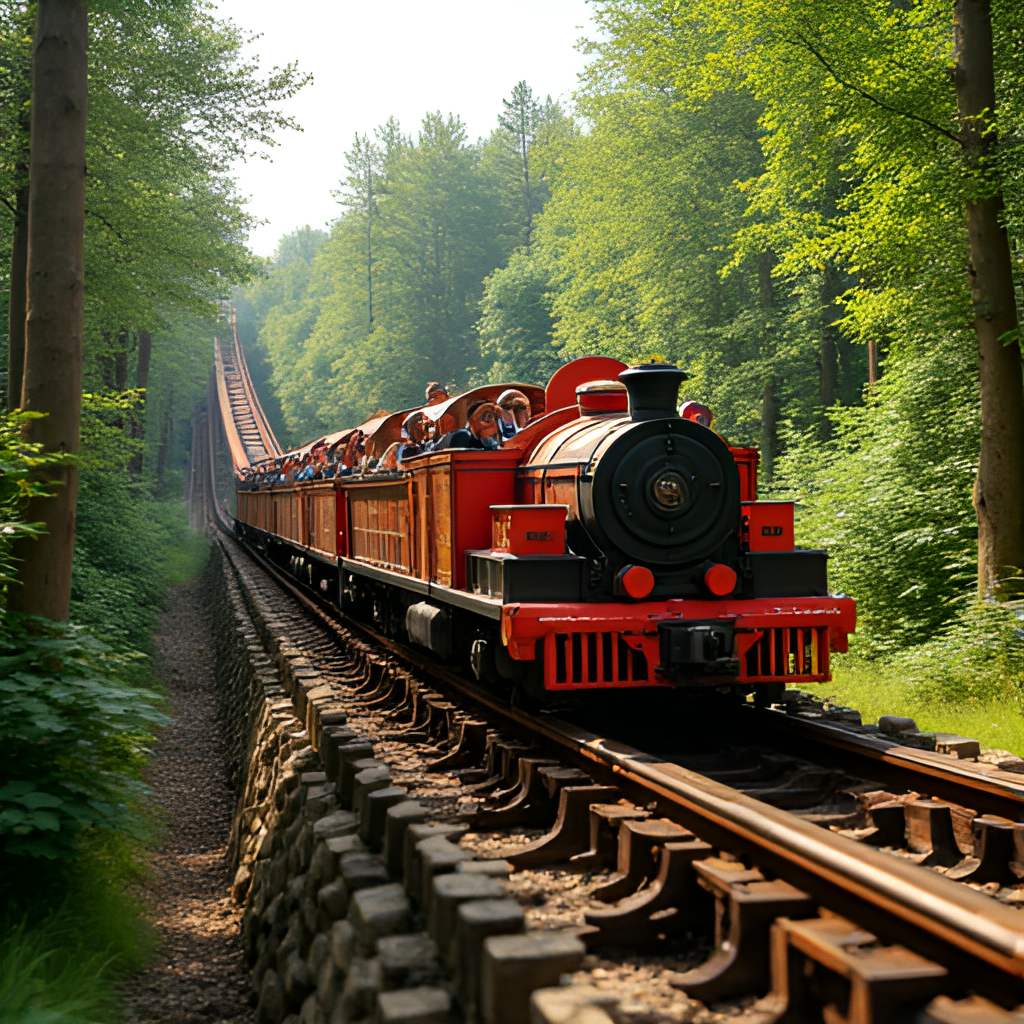 A dynamic photo of the Wildfire wooden roller coaster at Kolmården, showing a train of riders at a thrilling point on the track, with lush green forest in the background and a sense of speed and excitement