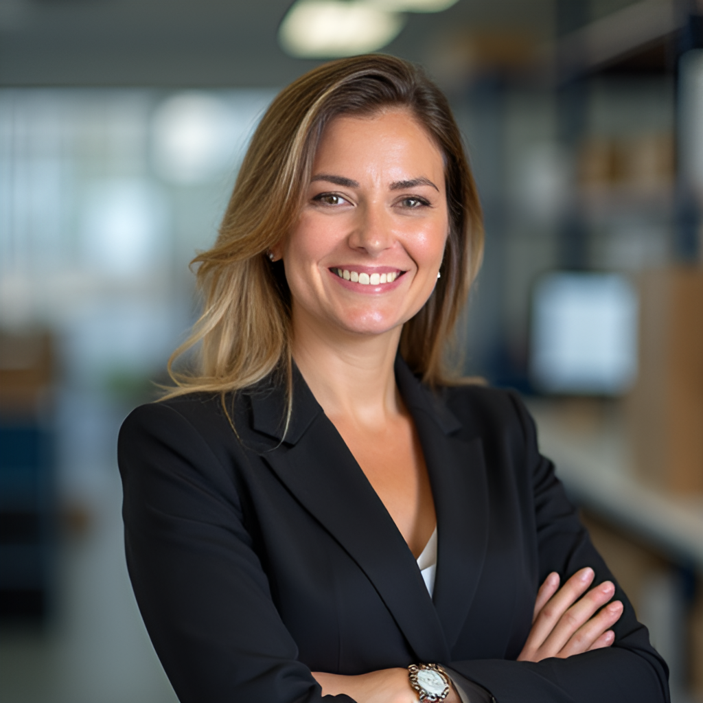 A stylized portrait of Andrea Fuder in a professional setting, perhaps with a subtle background related to logistics or manufacturing, conveying leadership and expertise.