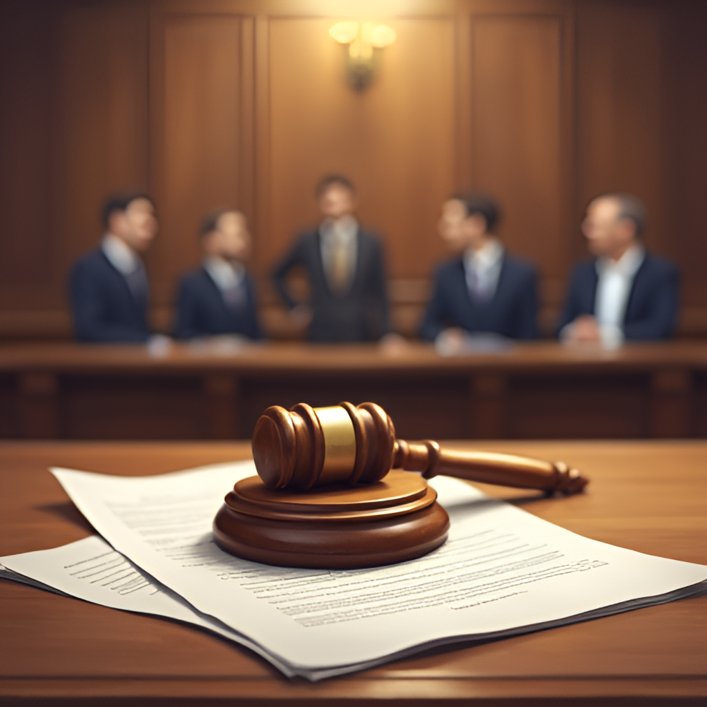 Illustrative photo depicting a courtroom scene with a judge's gavel on a desk, legal documents, and blurred figures in the background, conveying the theme of a legal verdict.
