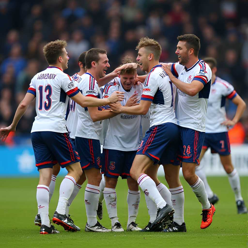A dynamic shot of IFK Värnamo players celebrating a goal or victory during a match, showing emotion and teamwork, with fans visible in the background, conveying the club's spirit and community connection.