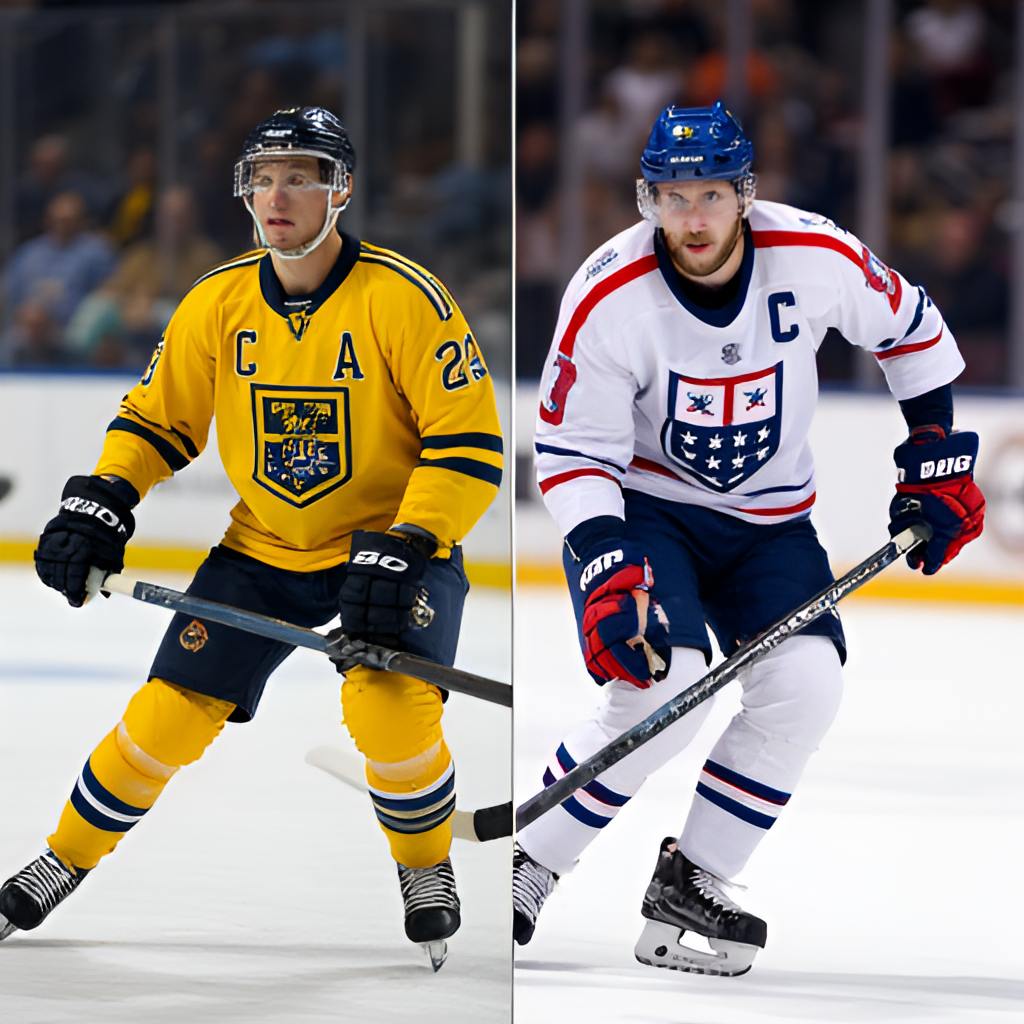 A split image showing key players from the Swedish national ice hockey team on one side and key players from the USA national ice hockey team on the other, highlighting their different jersey designs and national symbols.