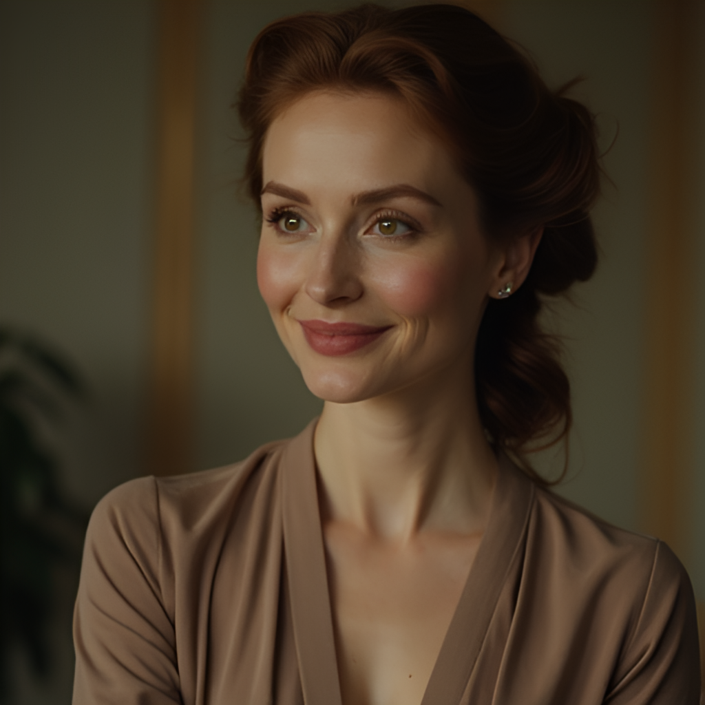 A close-up shot of Julianne Moore as Michaela Kell, wearing elegant attire, with a subtle, enigmatic smile that could be seen as either benevolent or manipulative. The background is slightly blurred, suggesting the exclusive, perhaps illusory, world she inhabits. Use a slightly stylized, almost painterly look.