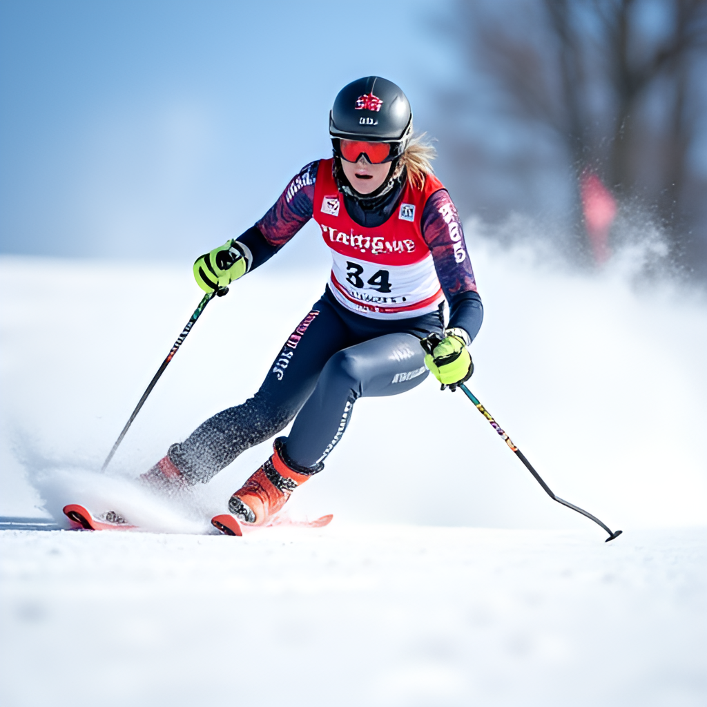 A dynamic, low-angle action shot of Therese Johaug skiing uphill during a race, showing her powerful technique and determination, with snow spraying slightly behind her. Sunny winter day.