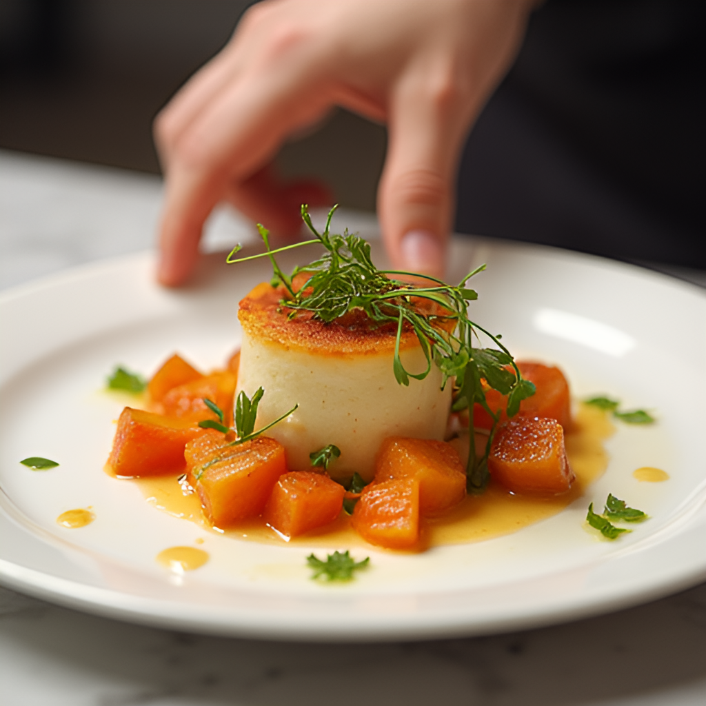 A close-up, beautifully styled shot of a finished dish presented on a plate, reminiscent of the quality seen in the program, with a judge's hand potentially reaching in to taste.