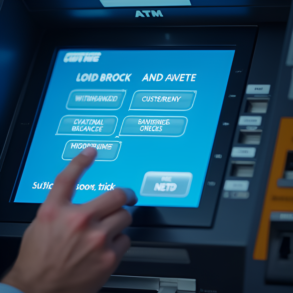 A detailed graphic or stylized photo showing the interface of an ATM displaying options for withdrawal and balance check, perhaps with a hand selecting an option, focusing on the user interaction.