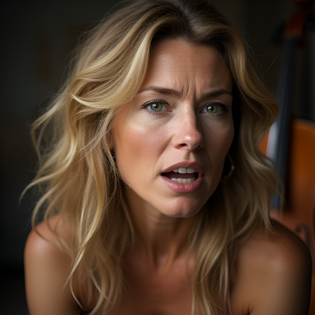 A portrait of Barbara Hannigan, possibly showing her expressive face, conveying her passion and artistry, perhaps with a subtle musical element in the background.