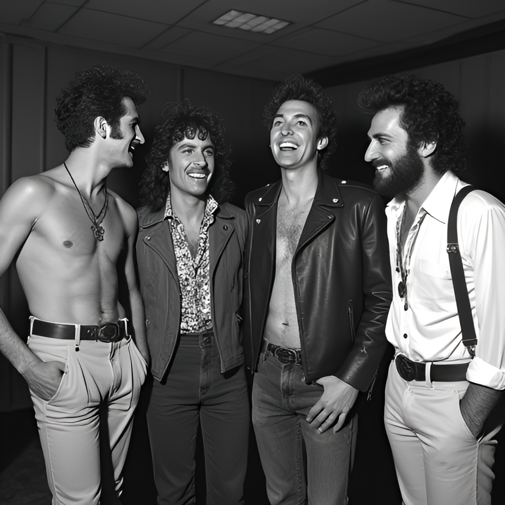 A black and white backstage photo of the four original members of Queen – Freddie Mercury, Brian May, Roger Taylor, and John Deacon – looking relaxed and sharing a laugh, capturing their camaraderie