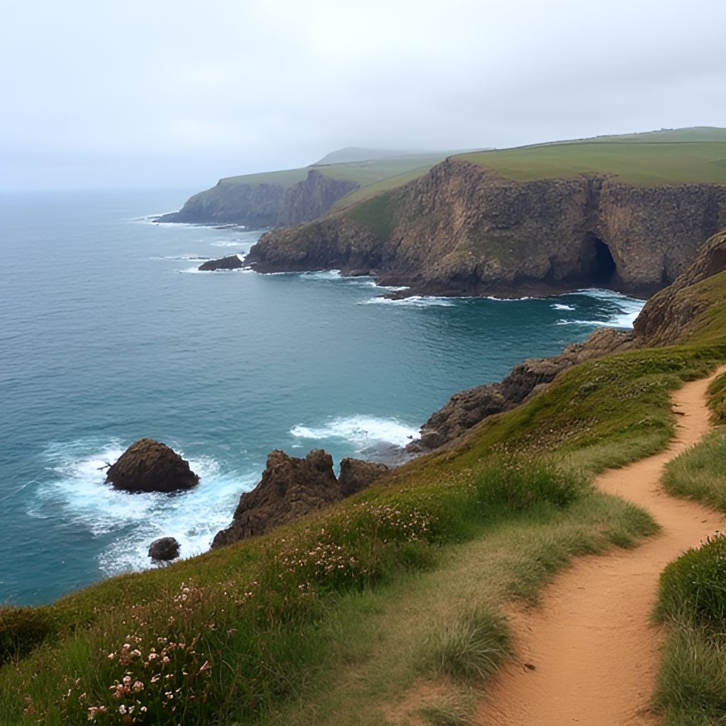 A panoramic view of the dramatic cliffs and rocky coastline of Kullaberg Nature Reserve, with the sea crashing against the rocks and a winding hiking trail visible in the foreground.