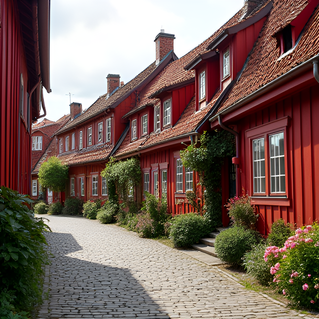 A picturesque view of the old red wooden houses in the 'Röda kvarteren' (Red Quarters) in Strängnäs, with cobblestone streets and blooming flowers, conveying a sense of historical charm