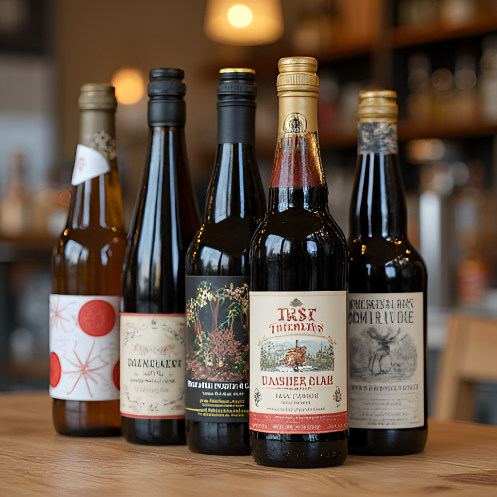 A close-up shot of a small selection of locally produced craft beers and wines, perhaps on a wooden table at a farm shop, highlighting diverse bottle shapes and labels, with a soft background blur.