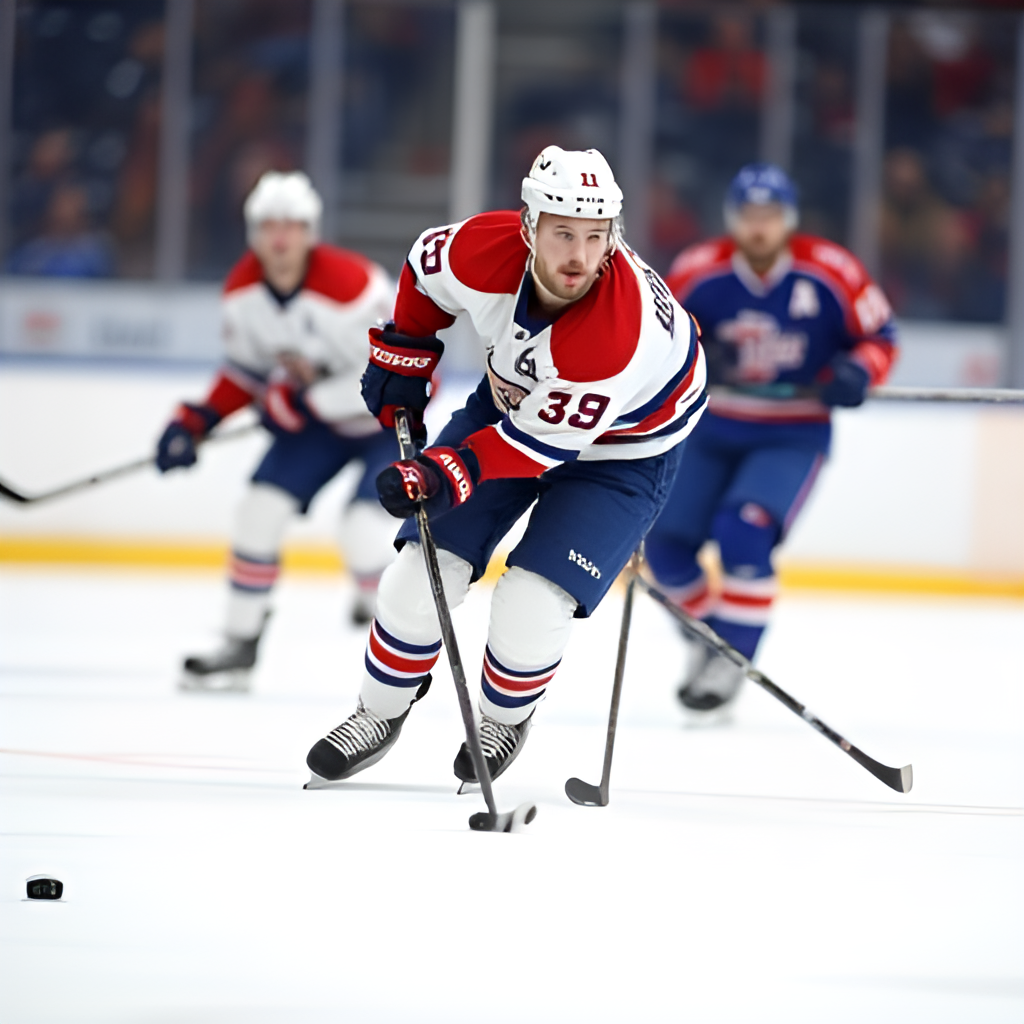 A close-up action shot of Michael Lindqvist handling the puck during an SHL game, showcasing his speed and stickhandling skills, with opponents in pursuit.
