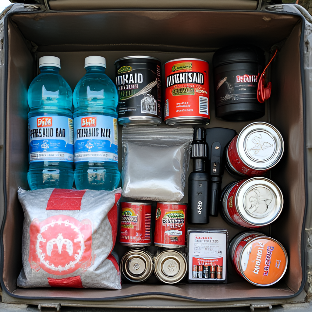 A photo of a 'crisis box' or emergency preparedness kit, showing essential items like bottled water, canned food, a first-aid kit, a flashlight, batteries, and a power bank neatly organized in a container or backpack.