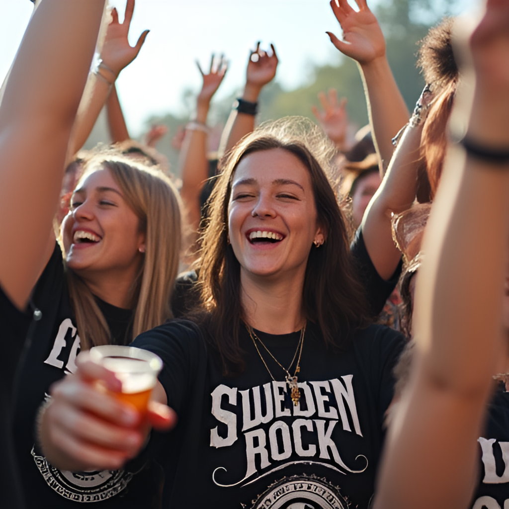 A close-up image showing a group of smiling festival-goers wearing band t-shirts, raising their hands in the air or sharing a drink, emphasizing the friendly and familial atmosphere of Sweden Rock.