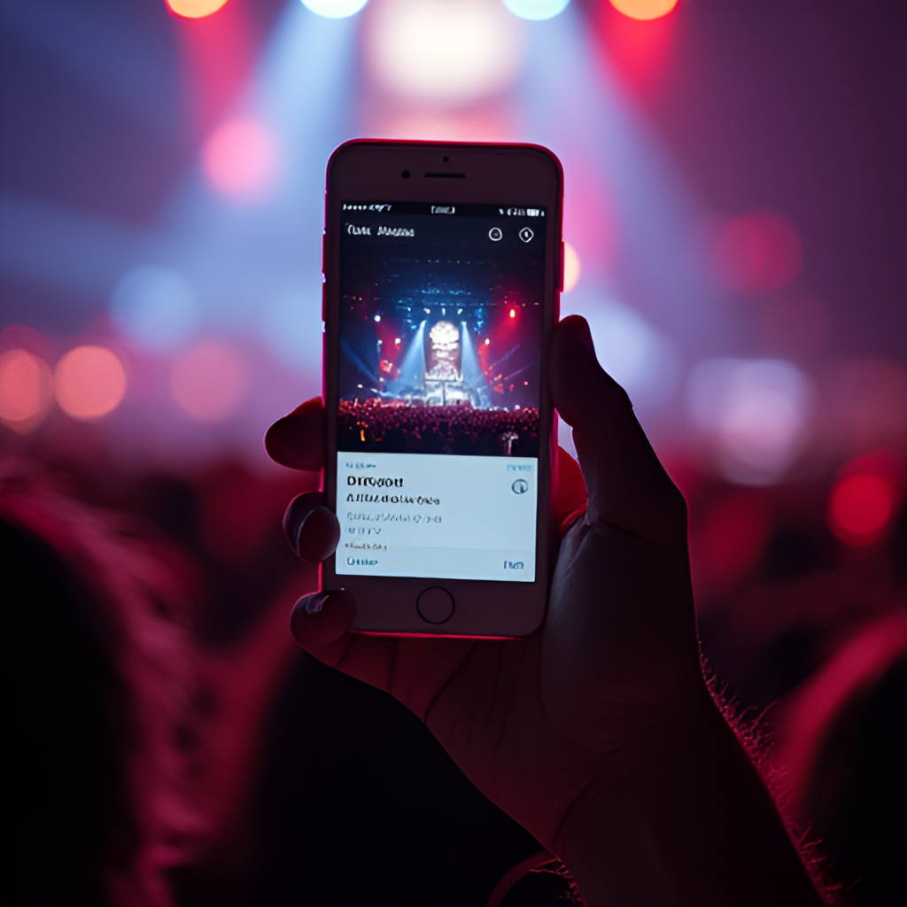 A person holding a smartphone displaying a digital concert ticket within a mobile app, with a blurred crowd in the background