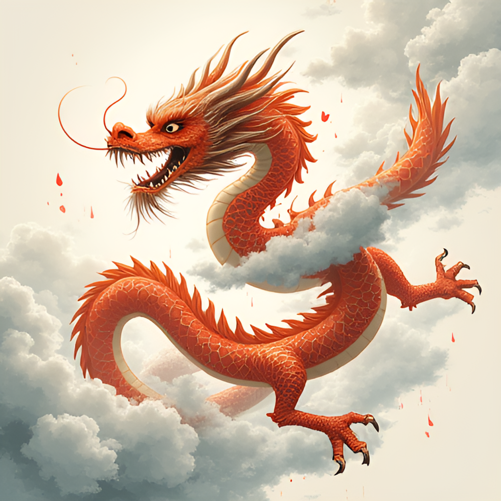 Illustration of a benevolent Chinese dragon, long and serpentine without wings, surrounded by clouds and rain, symbolizing good fortune.