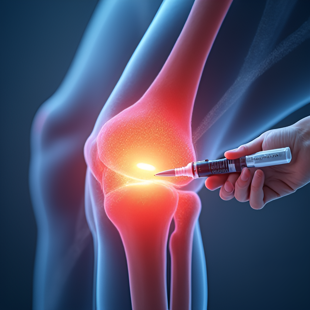 A scientific illustration showing mesenchymal stem cells being injected into a human joint (e.g., knee or hip) with visual cues suggesting rejuvenation or repair, linking to the Swedish Cellcolabs aspect of Bryan Johnson's treatments.