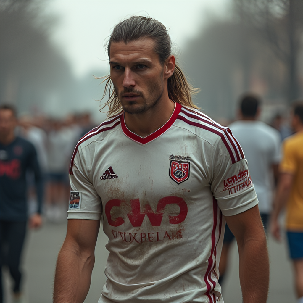 A portrait of Zlatan Ibrahimović looking determined and confident, perhaps in a national team or club kit, with a background subtly hinting at his journey from a Malmö neighborhood to global stages. Style: Strong, slightly gritty photographic style.
