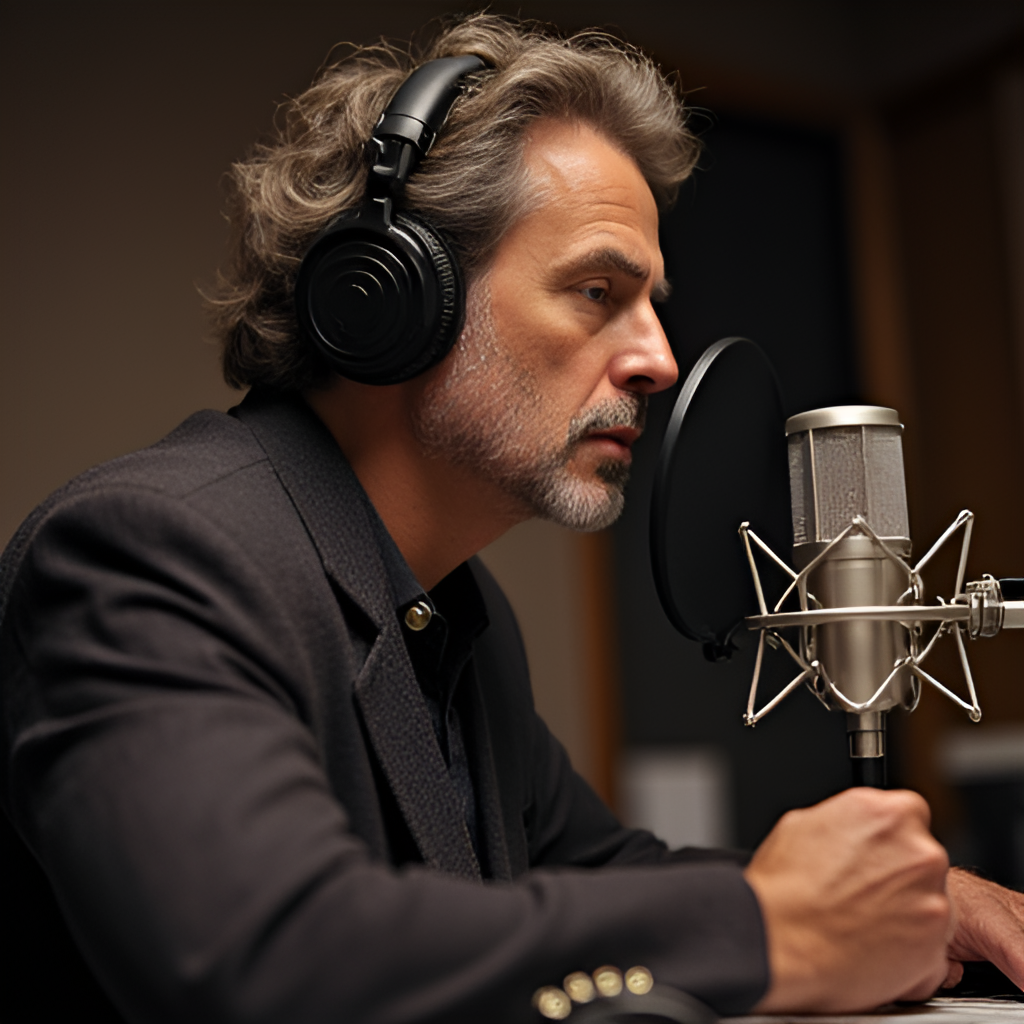 A portrait-style image of Darin in a recording studio, perhaps wearing headphones or looking thoughtfully at a microphone, conveying his work as a songwriter and artist.