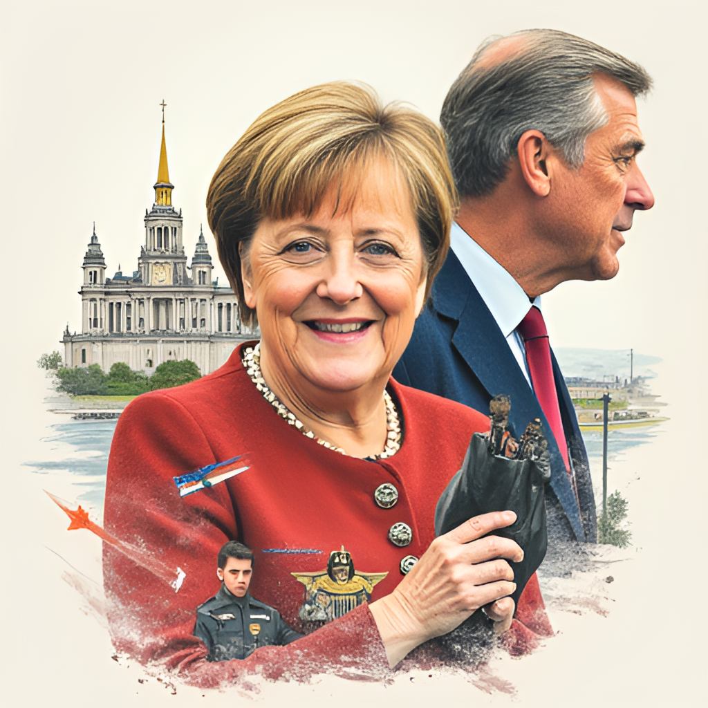 An illustrative collage or graphic showing key moments from Angela Merkel's tenure: perhaps a handshake with another world leader, a scene from the Bundestag, and a symbol representing the EU or Germany.