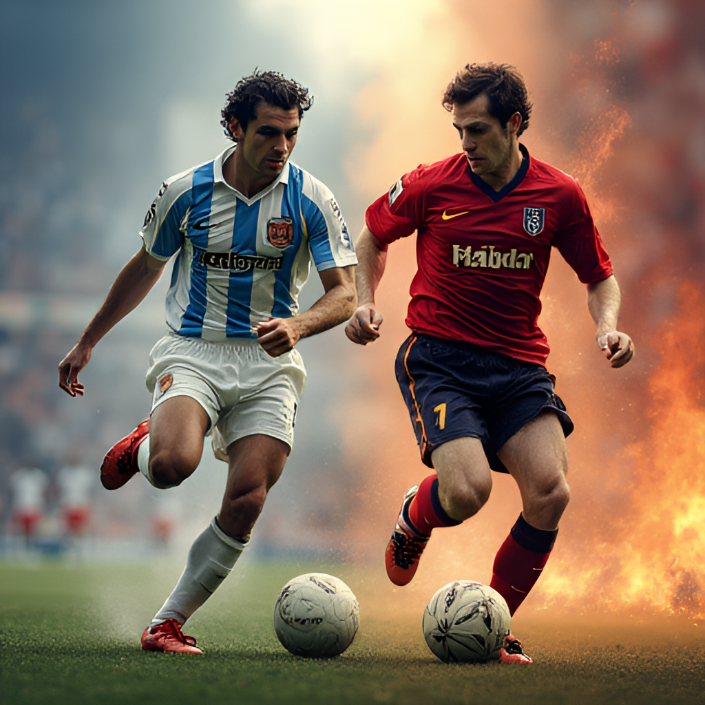 A composite image showing historical players from both clubs, perhaps Riquelme and Kahn from the 2001 match, alongside modern players like Kane and Cavani, symbolizing the continuity of talent and rivalry across eras. Style: dynamic and epic.