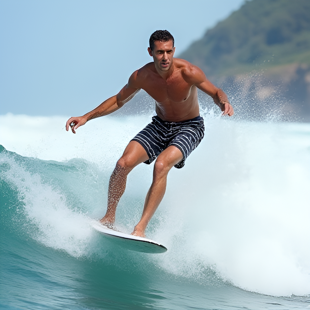 A dynamic photo of a person, representing Marius Borg Høiby, surfing on a wave, capturing a sense of freedom and personal interest away from formal life. The background shows a coastline. Style: Action photography, vibrant colors.