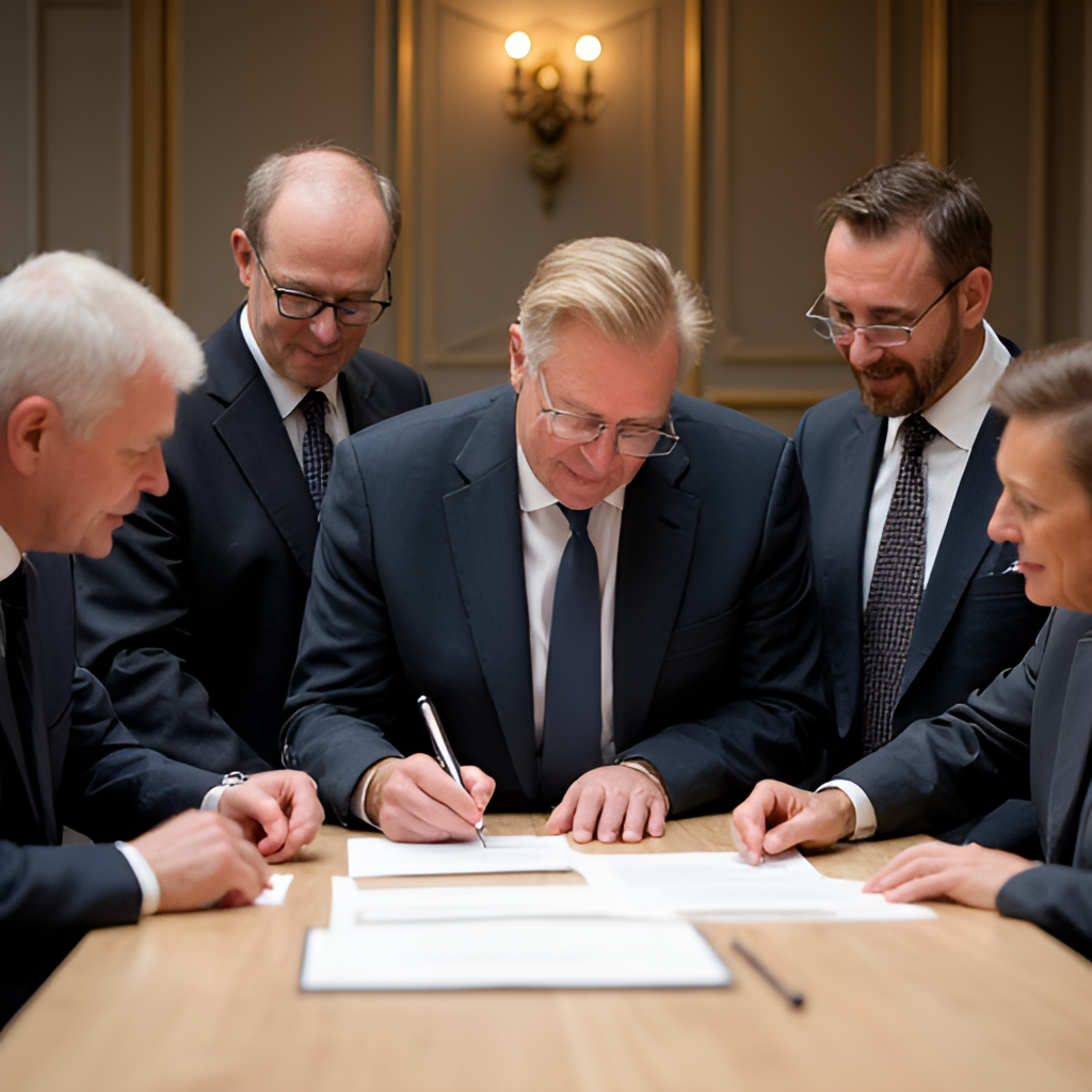 An image depicting the signing or presentation of the Tidö Agreement, with Ulf Kristersson and leaders of the other participating parties gathered around a table, symbolizing the coalition government.