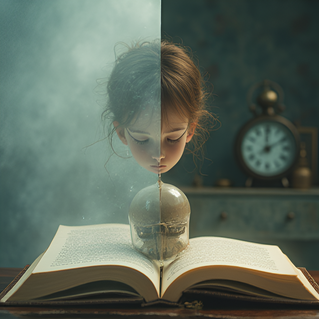 A split image: one side showing a serene, slightly blurred memory fading in, representing a psychological flashback, and the other side showing a film strip or open book pages illustrating a narrative flashback. A subtle clock or hourglass motif is integrated into the background to symbolize time.